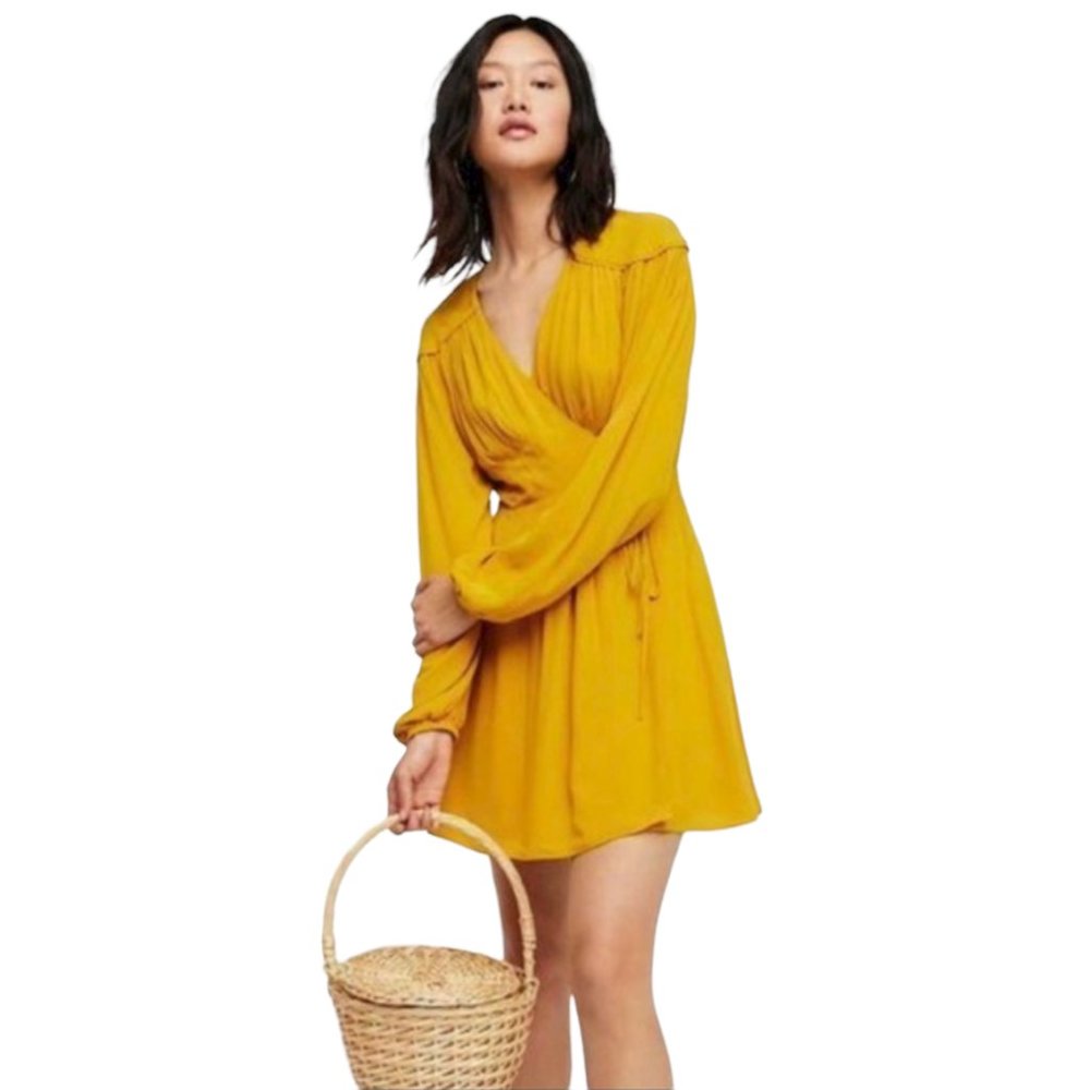 Free People Mustard Yellow Gold Double Life Mini Wrap Dress - Picture 2 of 14